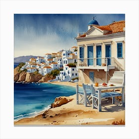 House By The Sea.Summer on a Greek island. Sea. Sand beach. White houses. Blue roofs. The beauty of the place. Watercolor. Canvas Print