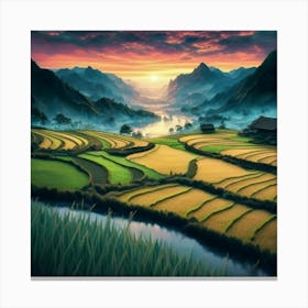 Beautiful views of rice fields, close to the river and surrounded by mountains, 18 Canvas Print