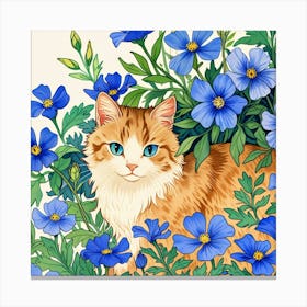 Cat In Blue Flowers 3 Canvas Print