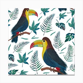 Toucans And Tropical Leaves Seamless Pattern Canvas Print