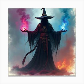 Black Magic Conjurer In A Colorful Watercolor Realm, Casting Dark Spells 1 Canvas Print