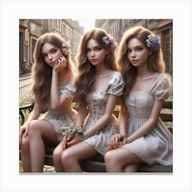 Three Girls Sitting On A Bench 2 Canvas Print