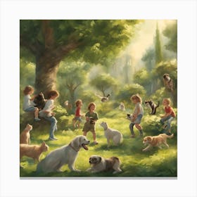 Children In The Park With Dogs Canvas Print