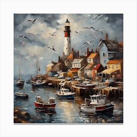 Oil painting of a bustling harbor town, with fishing boats, seagulls, and a lighthouse in the background, high contrast, dramatic lighting, heavily textured brushstrokes Canvas Print