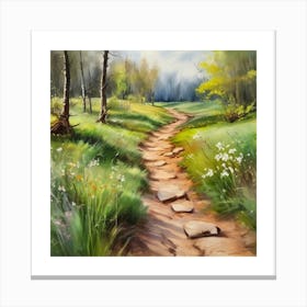 Path In The Woods.A dirt footpath in the forest. Spring season. Wild grasses on both ends of the path. Scattered rocks. Oil colors.1 Canvas Print