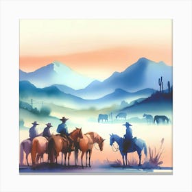 Watercolor Cowboys On Horses 1 Canvas Print