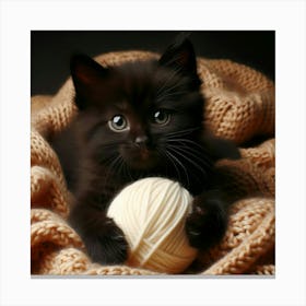 Black Kitten With A Ball Of Yarn Canvas Print