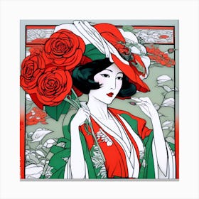 Japanese Woman With Roses Canvas Print