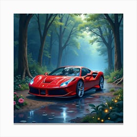 Ferrari In A Watercolor Enchanted Forest With Glowing Lights 1 1 Canvas Print