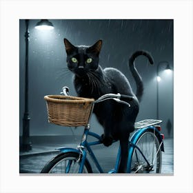 A Cat Riding A Blue Bicycle In The Rain Canvas Print