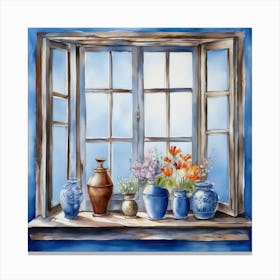 Blue wall. Open window. From inside an old-style room. Silver in the middle. There are several small pottery jars next to the window. There are flowers in the jars Spring oil colors. Wall painting.60 Canvas Print