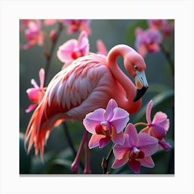 Flamingo With Vibrant Orchids 1 Canvas Print