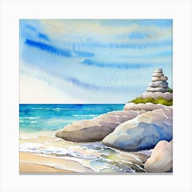 Watercolor Of A Beach With Rocks Canvas Print