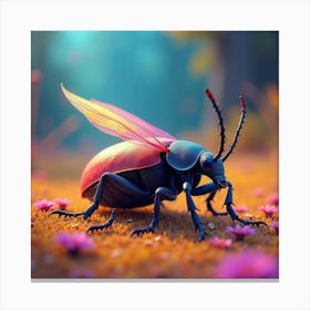 A Whimsical Beetle With Iridescent Wings Crawling Over A Vibrant, Neon Landscape 1 Canvas Print