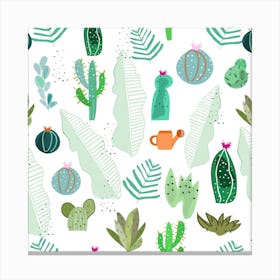 Cactus And Flowers Tropical Pattern Square Canvas Print