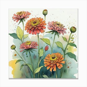 Zinnias flower plants painting art print 1 Canvas Print