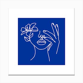 Woman with Flower Blue Line Print Canvas Print