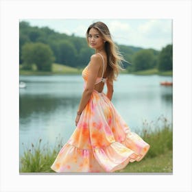 Elegant Lady In Watercolor Dress, Peaceful Lakeside Setting 1 Canvas Print