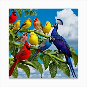 Colorful Birds On A Branch 2 Canvas Print