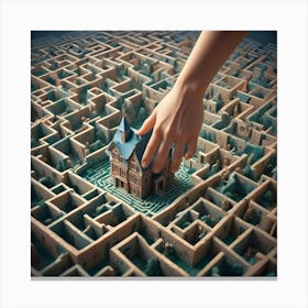 A Hand Placing A Model House In The Center Of A Labyrinth, Representing The Challenges And Complexities Of Finding A Home Canvas Print