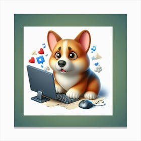 Corgi On A Laptop Canvas Print