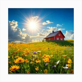 Firefly House, Sun, Cloud, Flower, Meadow, Nature, Landscape, Serene, Bright, Cheerful, Picturesque, (1) Canvas Print