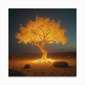 A Glowing Tree With Golden Leaves In The Middle Of A Desert 1 Canvas Print