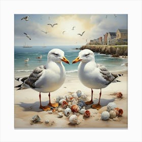 Seagulls On The Shore Square Art Print 0 Canvas Print