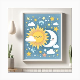 Positive Energy - Graphic Wall Art of a Sun and a Moon with Stars and Clouds Canvas Print