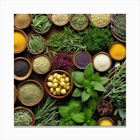 Various Herbs In Bowls Canvas Print