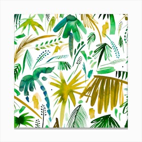 Brushstrokes Tropical Palms Green Square Canvas Print