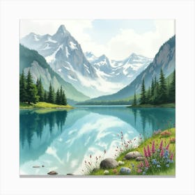 Classic Car By A Picturesque Mountain Lake, Watercolor Painting 1 Canvas Print