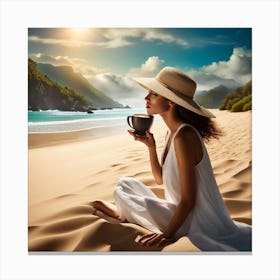 Woman Drinking Coffee On The Beach Canvas Print