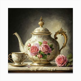 A very finely detailed Victorian style teapot with flowers, plants and roses in the center with a tea cup 17 Canvas Print