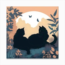 Silhouettes Of Cats In The Garden At Sunset, Black, Turquoise, Grey And Melon Canvas Print