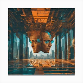 A Man S Head Shows Through The Window Of A City, In The Style Of Multi Layered Geometry, Egyptian Ar Canvas Print