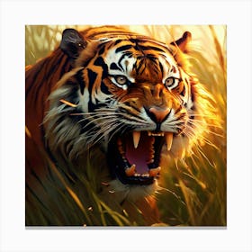 Abstract Expressionism Mean Tiger Charging At Camera In The Long Tan Grass Angry Teeth Showing Canvas Print