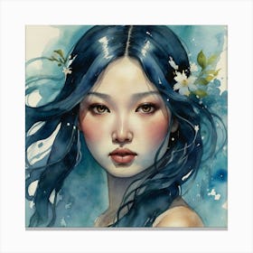 Asian Girl With Blue Hair The Magic of Watercolor: A Deep Dive into Undine, the Stunningly Beautiful Asian Goddess Canvas Print
