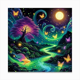 Stream With Bioluminescent Fish Butterflies Sun Spinning Wind Tree 5 Canvas Print