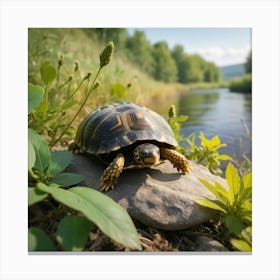 Turtle On A Rock Canvas Print