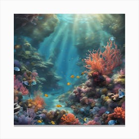 "Underwater Serenity" - tranquil underwater scene with colorful coral reefs, fish, and rays of sunlight. 2 Canvas Print