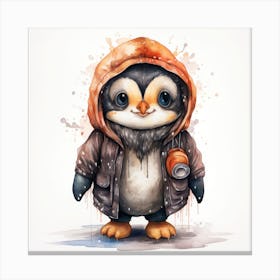 Watercolour Cartoon Penguin In A Hoodie 2 Canvas Print