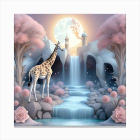Giraffe In The Forest With Waterfall Canvas Print