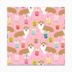 Corgi Bubble Boba Tea Pink Pattern Canvas Print