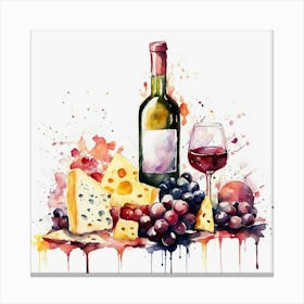 Wine And Cheese Watercolor Painting Canvas Print