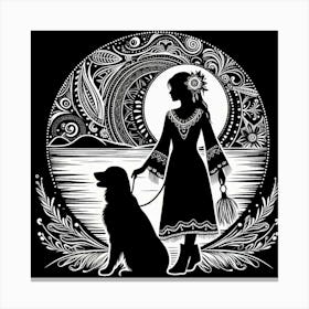 Boho art Silhouette of woman with dog Canvas Print