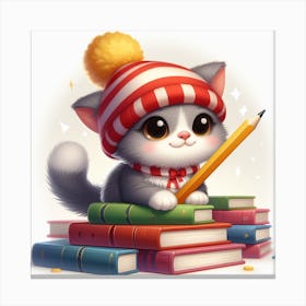 Cute Kitten Reading Books Canvas Print