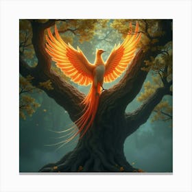 A Majestic Phoenix Perched On A Grand Ancient Tree With Glowing Leaves 1 Canvas Print