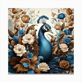 Floral Blue Brown Peacock Art Print 1 Canvas Print