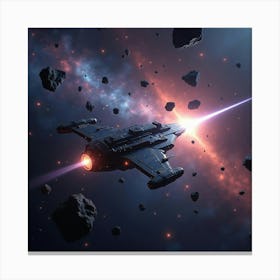 A Dazzling Starship Navigating Through An Asteroid Field With Vibrant Nebulae Canvas Print